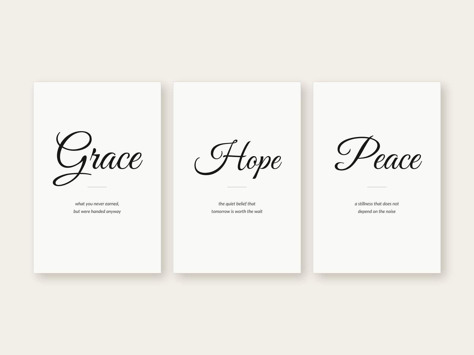 The Three Words — set of 3 — three printable wall-art panels shown side by side